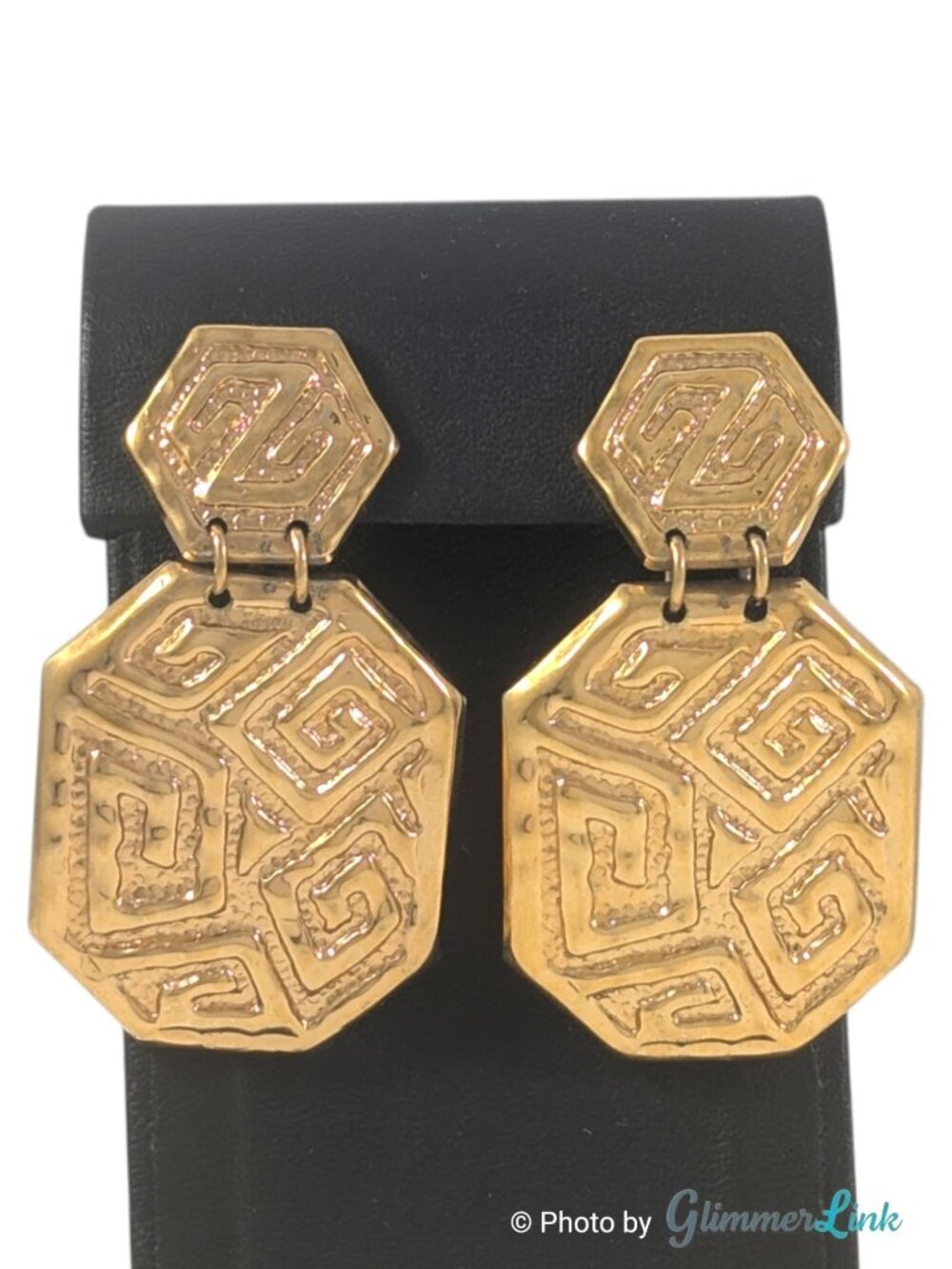 Vintage Gold Tone Geometric Hex Drop Clip On Statement Earrings